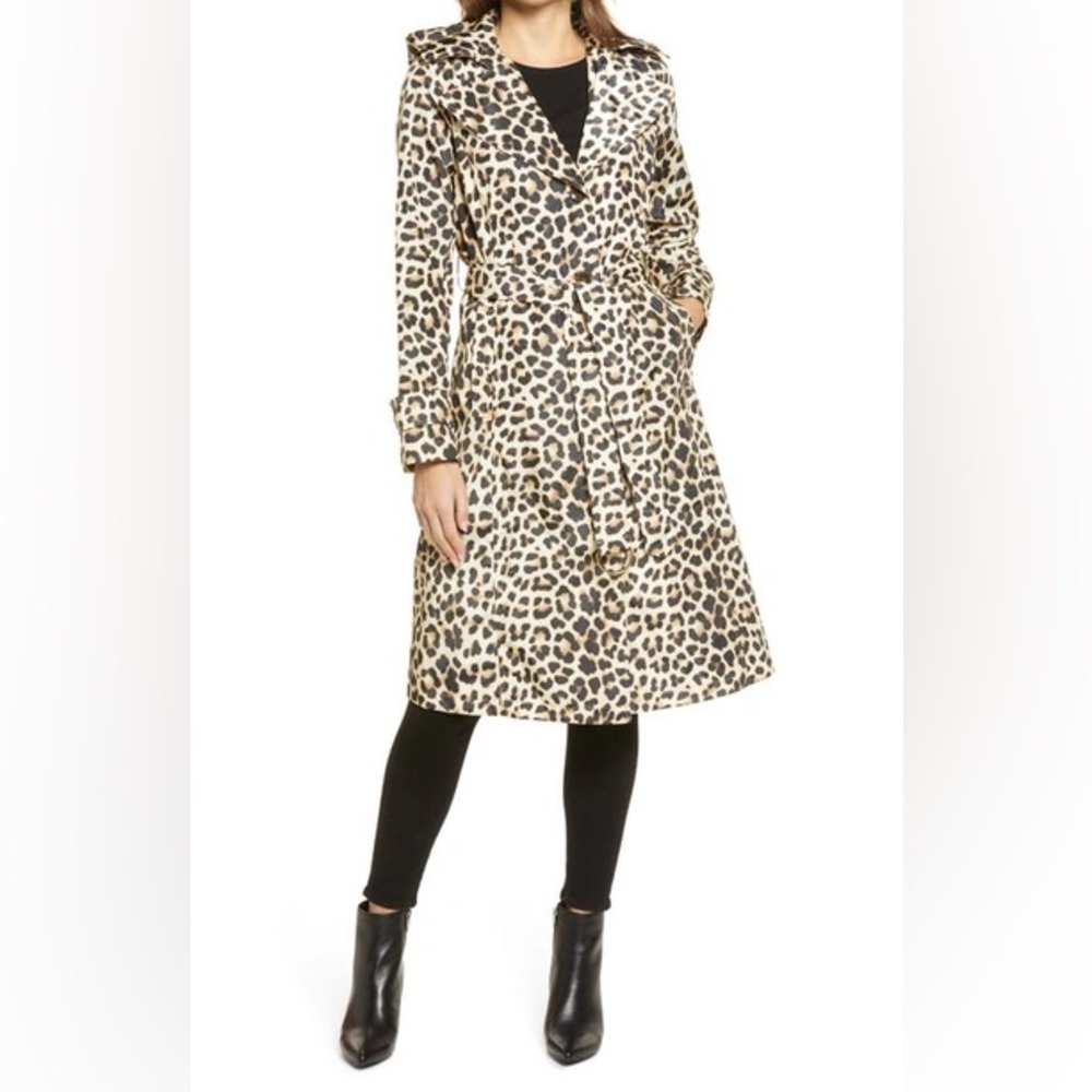 Via Spiga Leopard Print Hooded Water Resistant Packable Trench Coat Size XS
